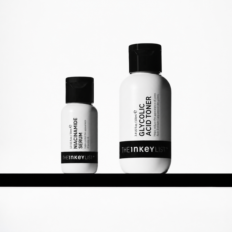 Niacinamide Serum and glycolic toner bottles