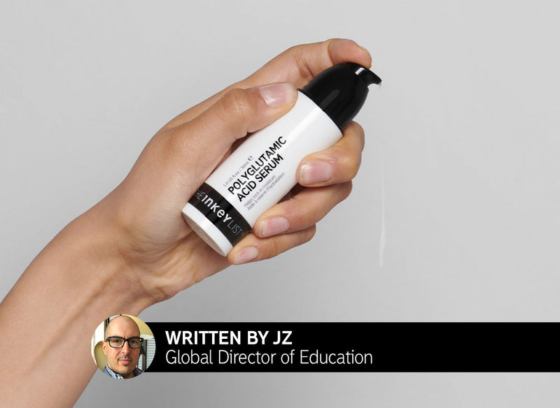 Packshot of Polyglutamic Serum being held with Written by JZ header