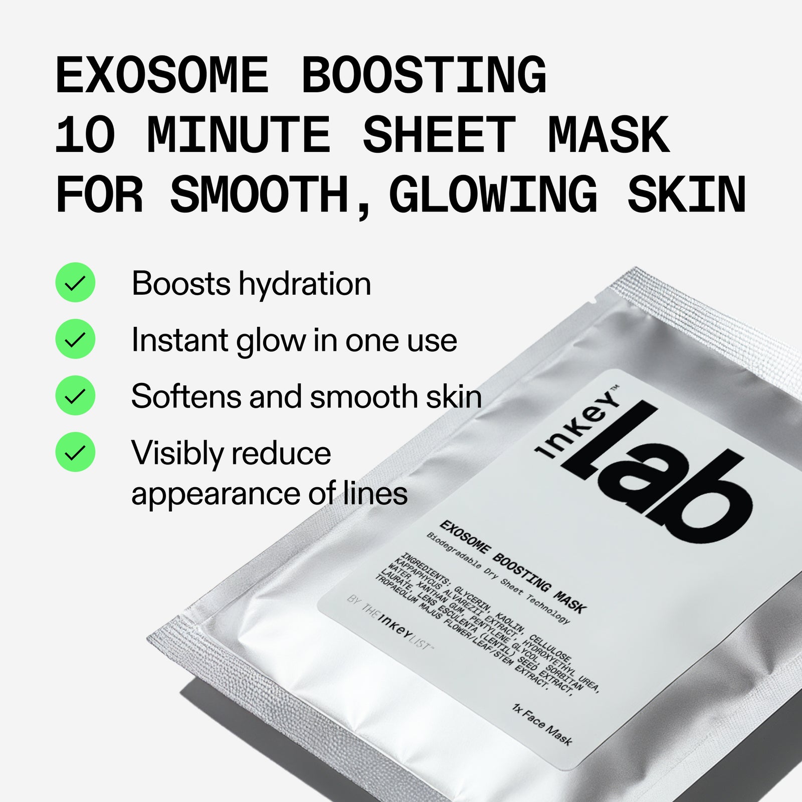 Inkey Lab exosome boosting 10 minute sheet mask packaging with benefits listed.