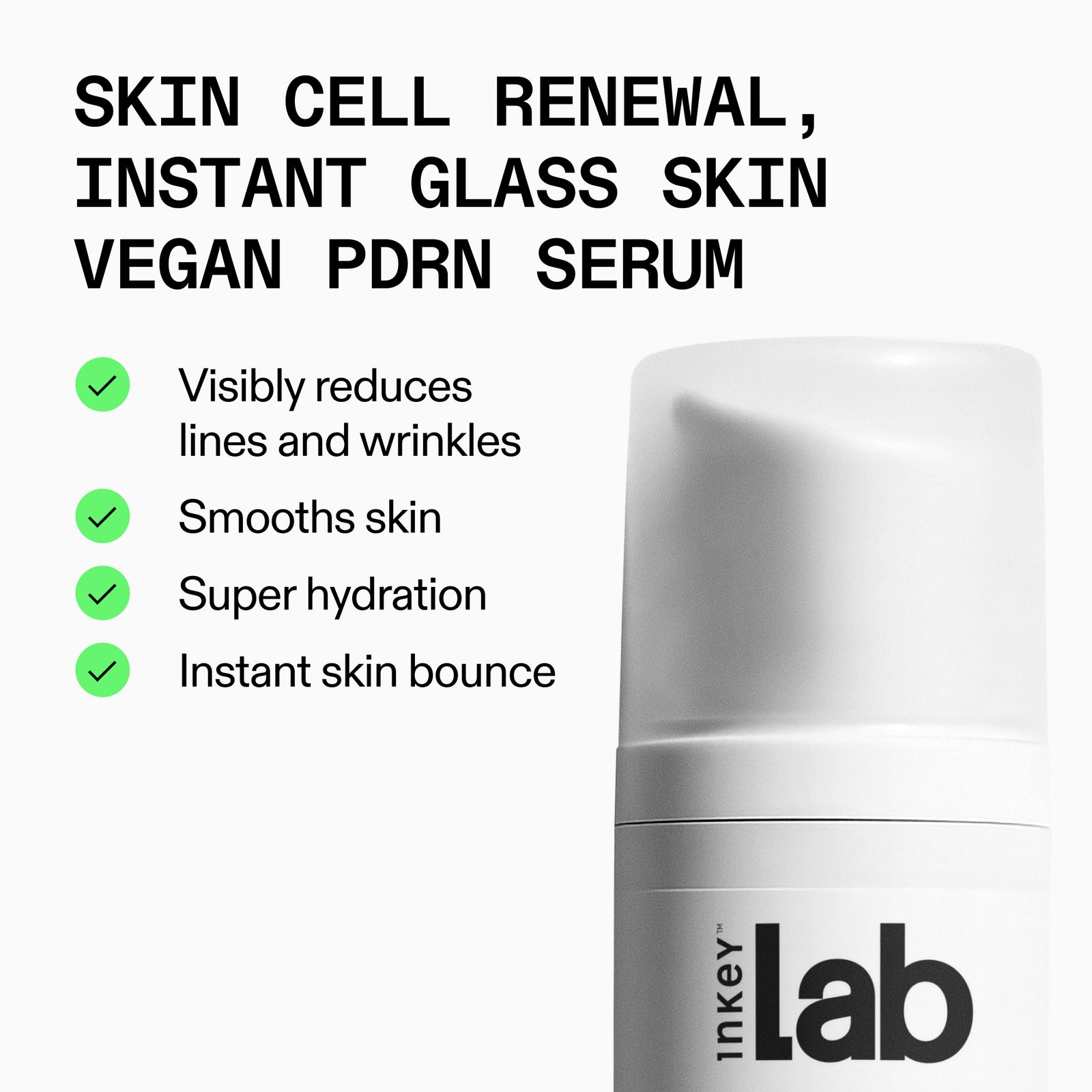 Inkey Lab vegan PDRN serum with text highlighting benefits on a white background