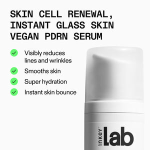 Inkey Lab vegan PDRN serum with text highlighting benefits on a white background