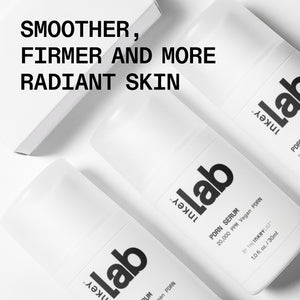 Ikeky Lab skincare products with text 'Smoother, Firmer and More Radiant Skin' on a white background
