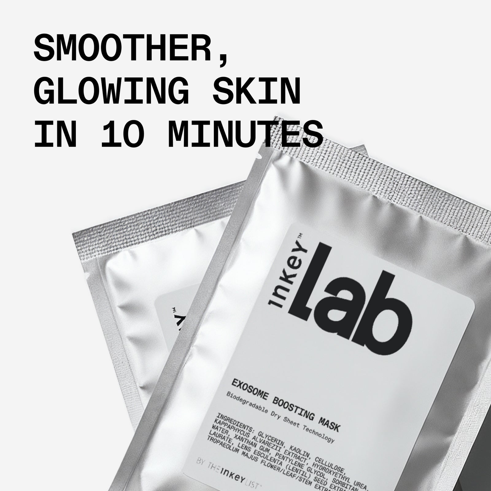 Inkey Lab exosome boosting mask packaging with text 'Smother, glowing skin in 10 minutes' on a white background.