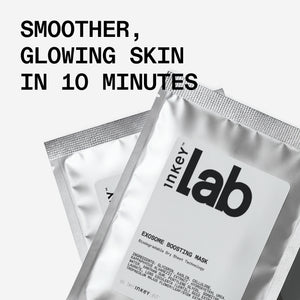 Inkey Lab exosome boosting mask packaging with text 'Smother, glowing skin in 10 minutes' on a white background.