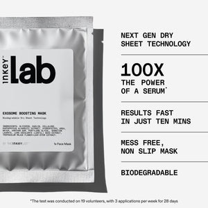 Inkey Lab dry sheet mask packaging with text highlighting features on a white background