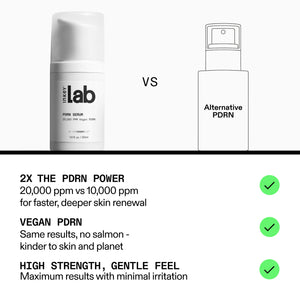 Comparison of 'inkylab' pore serum with an alternative product, highlighting PDRN power and vegan certification.