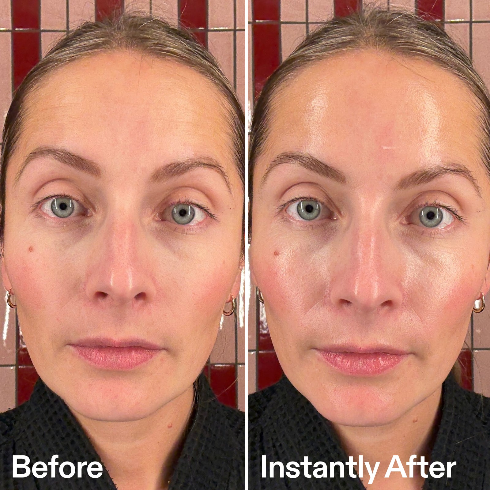Before and after comparison of a woman's face with a tiled background