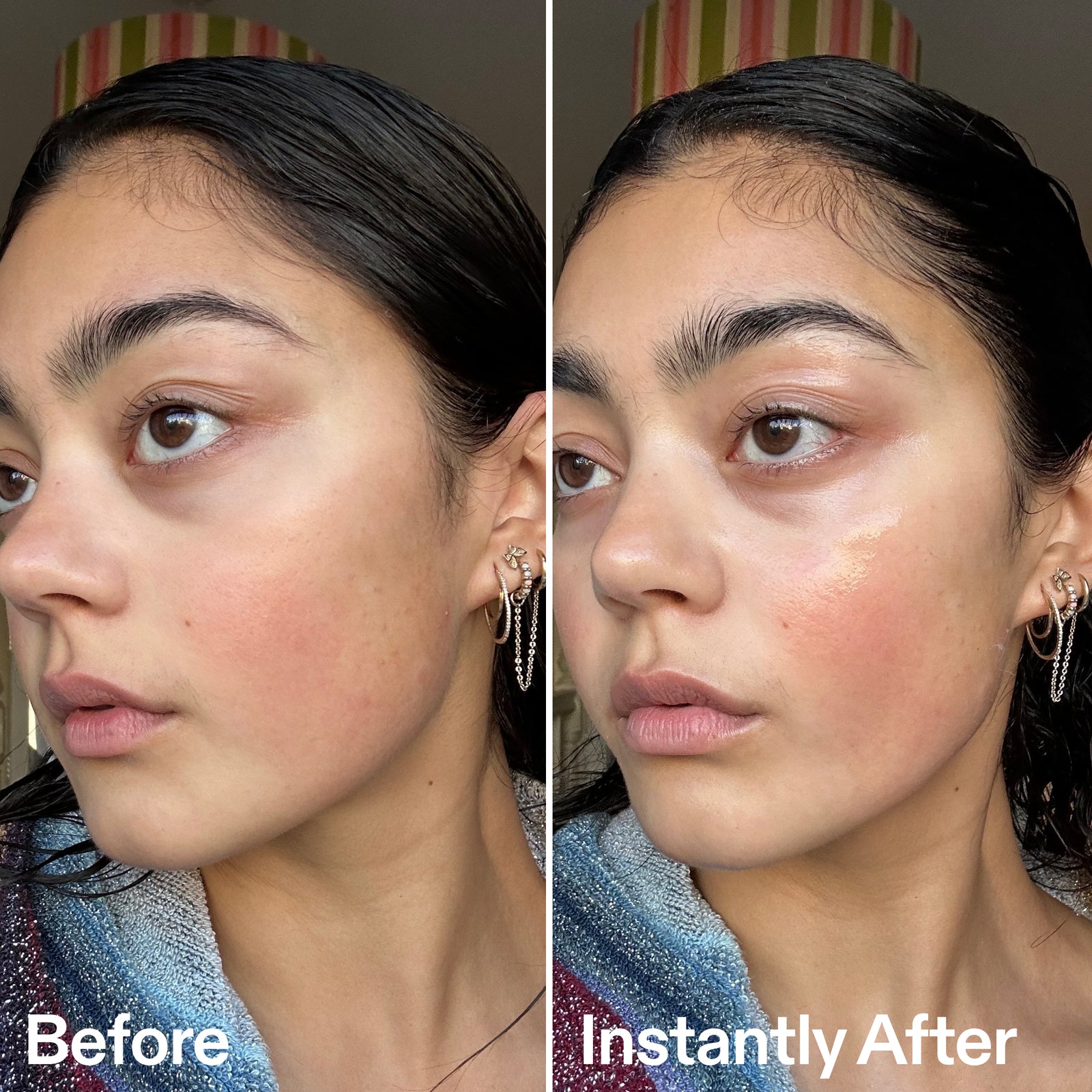 Before and after comparison of a person's face with visible makeup changes.