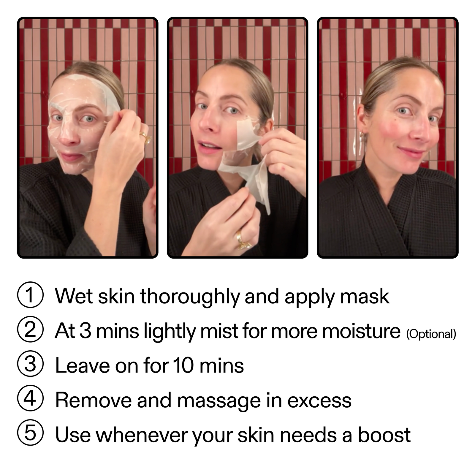 Three-step process for applying a facial mask with text instructions.