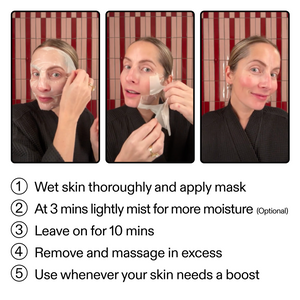 Three-step process for applying a facial mask with text instructions.