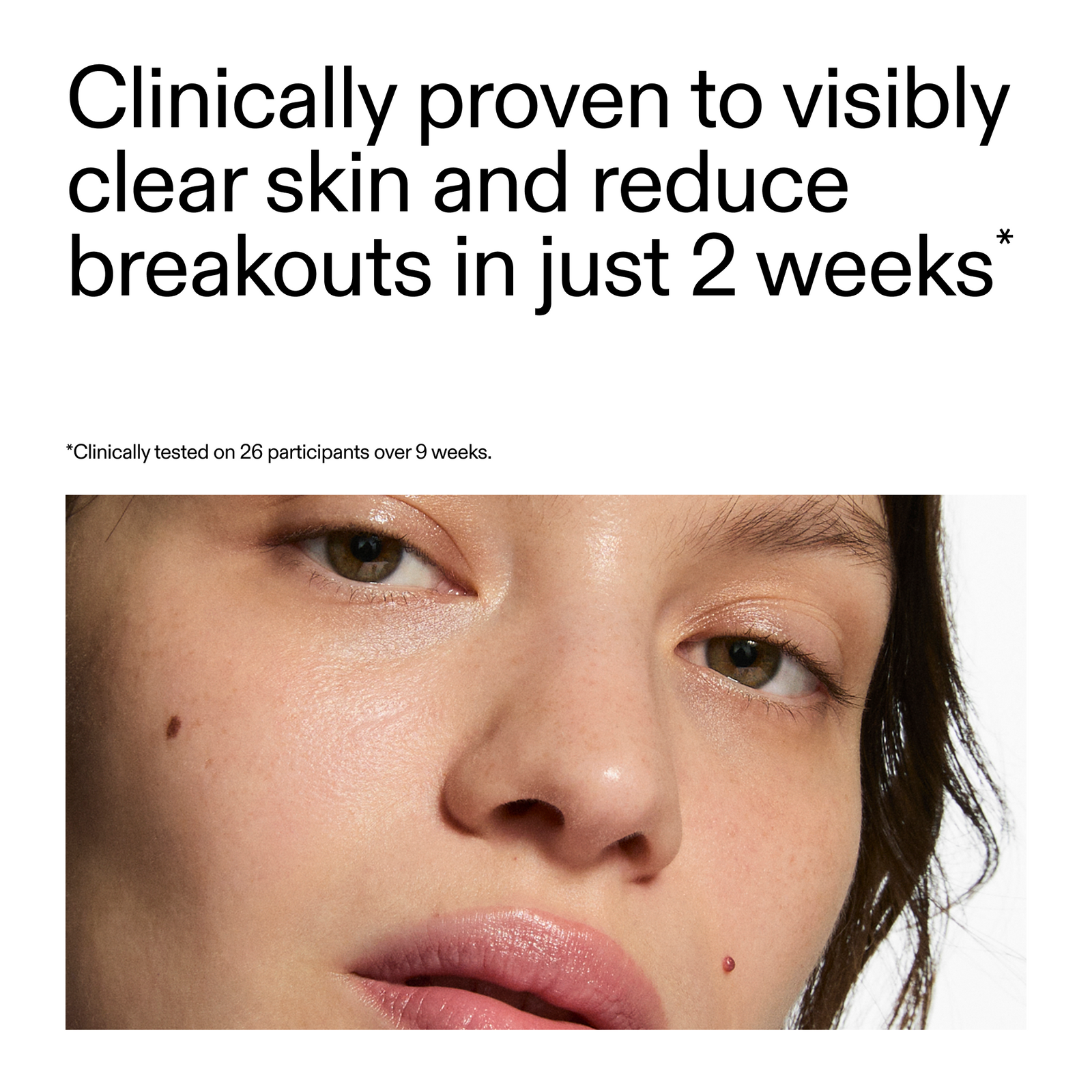 Advertisement for skincare product showing a close-up of a person's face with text claiming clinical results.