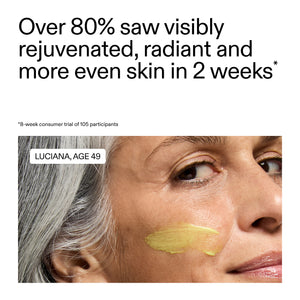 Advertisement for skin care product showing a woman's face with a yellow patch, text about skin improvement, and participant details.