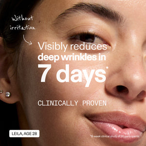 Advertisement for a skincare product showing a close-up of a person's face with text claiming visible wrinkle reduction.