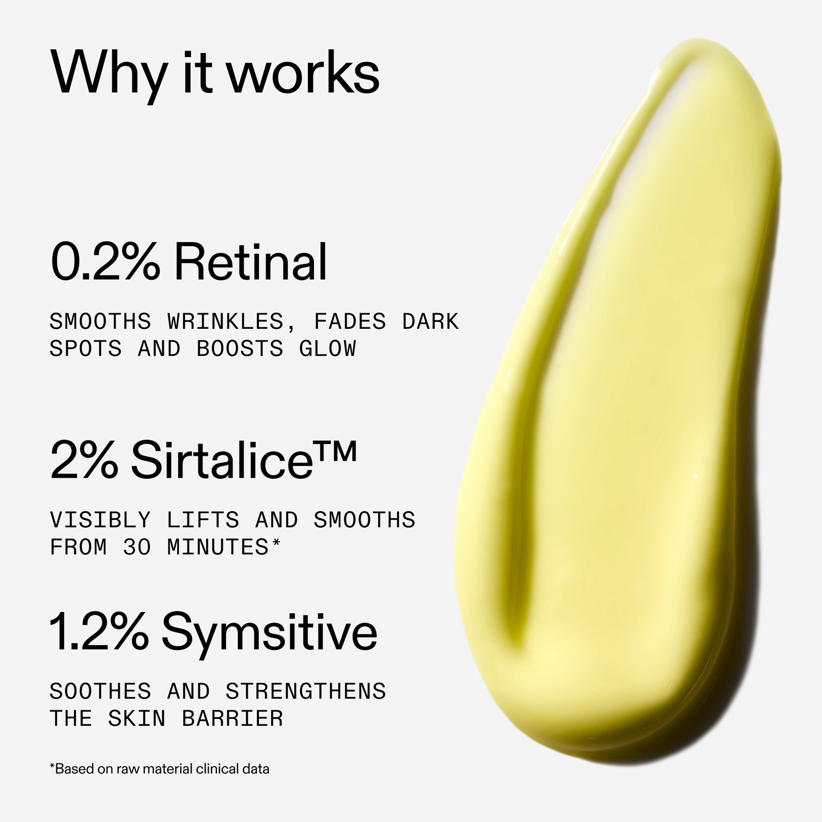 Skincare product with text detailing its ingredients and benefits on a white background