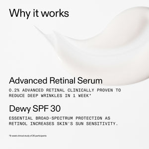 Advertisement for Advanced Retinal Serum and Dewy SPF 30 with text on a white background.