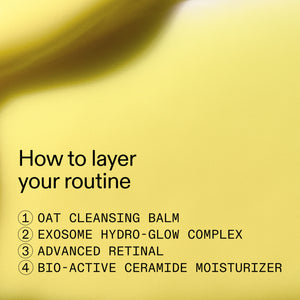 Text on a yellow background about layering a skincare routine with product names.