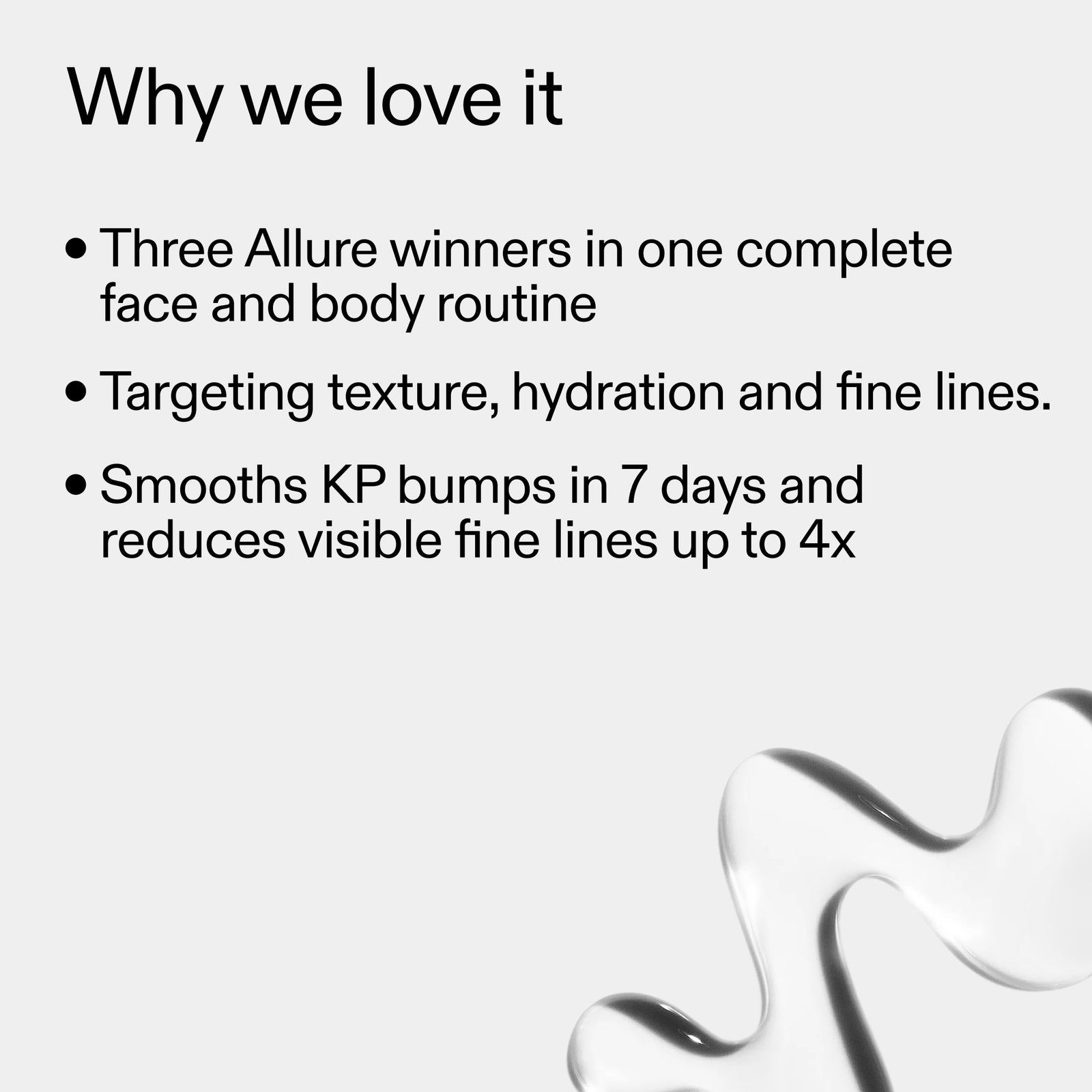 Text listing features of a skincare routine on a white background