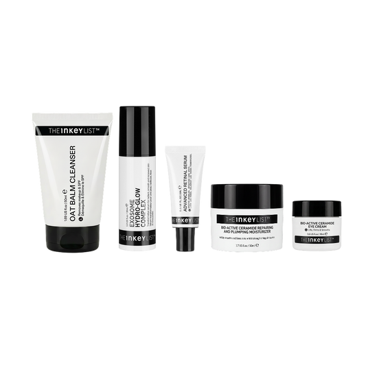 A five-piece skincare set from The Inkey List on a solid white background, including a cleanser, a serum, a toner, a moisturiser, and an eye cream.