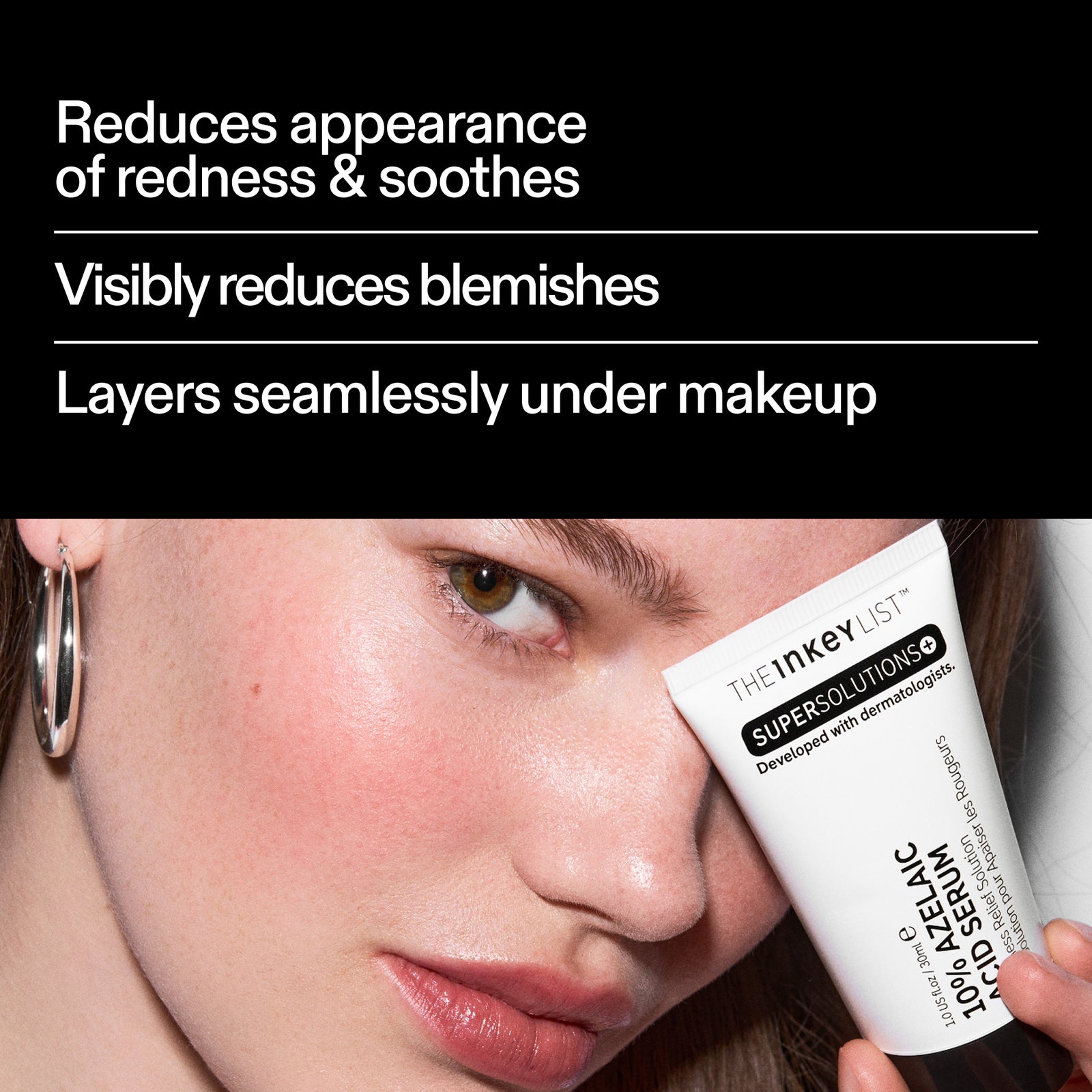 Model applying The INKEY List Azelaic Acid Redness Relief Solution – reduces the appearance of redness and blemishes and layers seamlessly under makeup