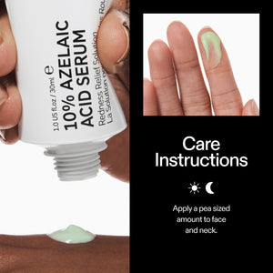 Model applying The INKEY List Azelaic Acid Redness Relief Solution with daily how-to routine steps