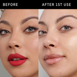 2 images of a model's face side by side to show before and immediately after taking makeup off with Oat Cleansing Balm