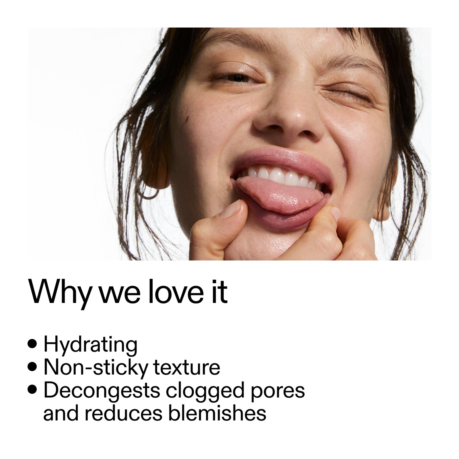 Person applying Beta Hydroxy Acid (BHA) Serum product with text about product benefits on a white background