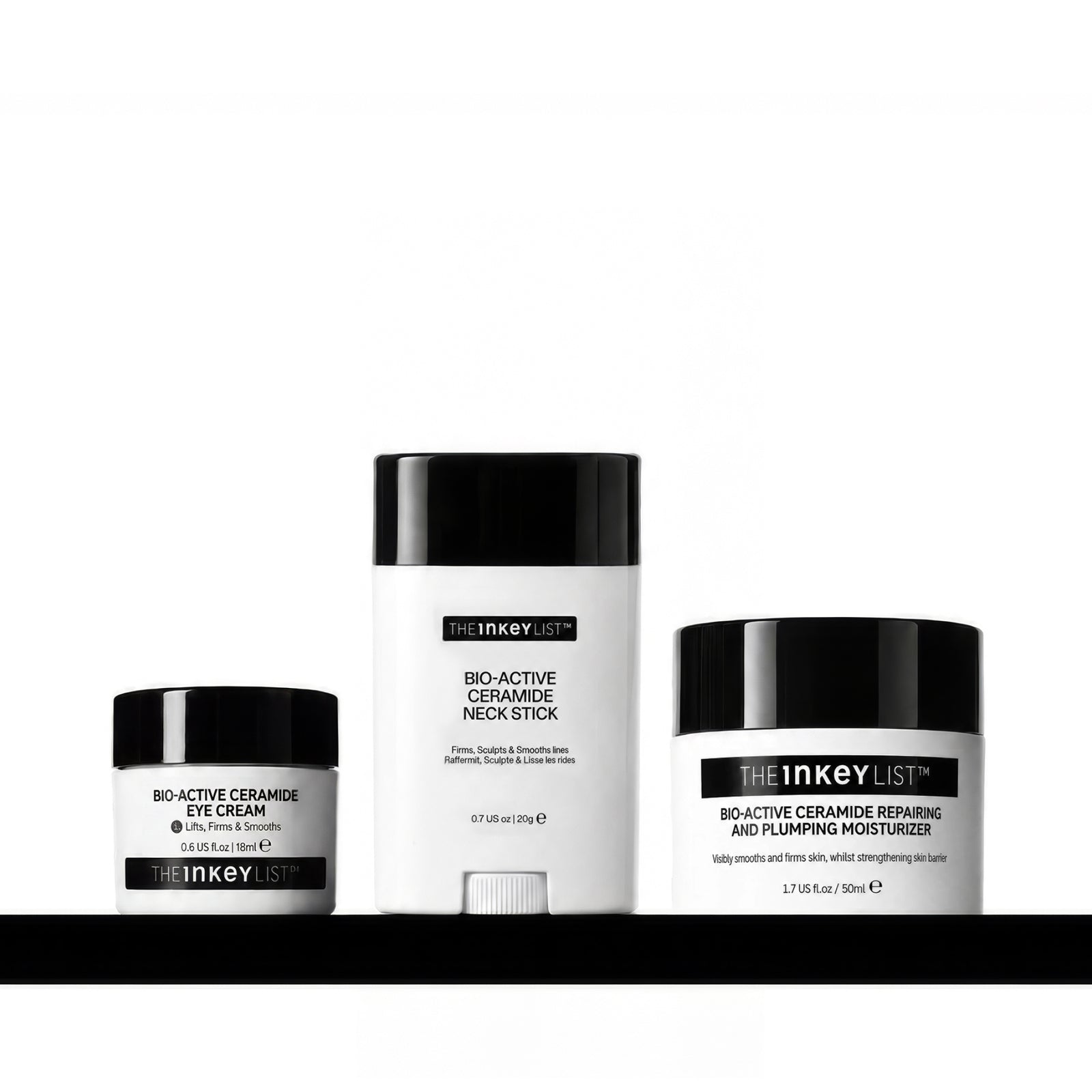 Three skincare products from The Inkey List on a black background: Bio-Active Ceramide Eye Cream, Bio-Active Ceramide Neck Stick, and Bio-Active Ceramide Moisturizer.