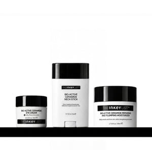 Three skincare products from The Inkey List on a black background: Bio-Active Ceramide Eye Cream, Bio-Active Ceramide Neck Stick, and Bio-Active Ceramide Moisturizer.