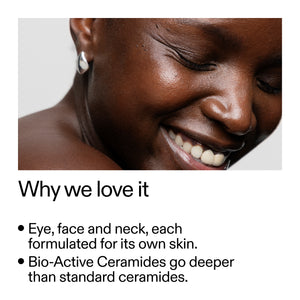 A promotional graphic with a close-up photo of a smiling woman's face and shoulder against a light gray background, above text that reads 'Why we love it' with bullet points about eye, face, and neck skincare formulations.