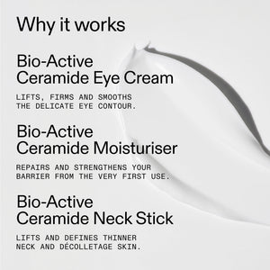 Promotional graphic for Bio-Active Ceramide skincare with text reading 'Why it works' and three product claims: Bio-Active Ceramide Eye Cream, Bio-Active Ceramide Moisturiser, and Bio-Active Ceramide Neck Stick, over a white cream smear on a light gray background.