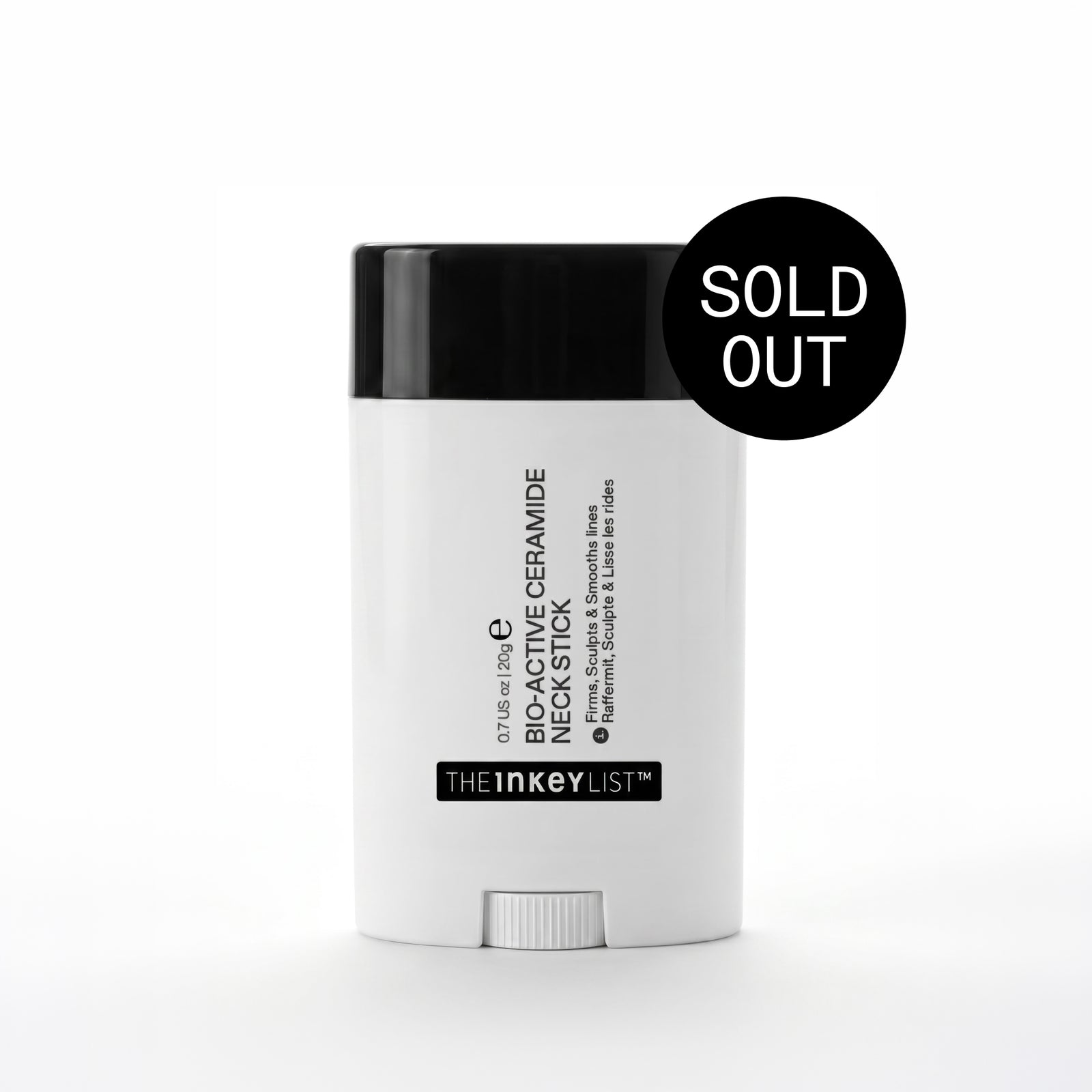 White neck stick with black cap on a white background, featuring 'The Inkey List' branding.