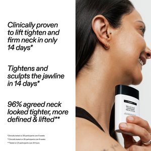 A skincare ad showing a woman holding a neck gel stick while text on the left claims clinically proven neck lifting in 14 days. The product container is white with a black cap and visible branding.