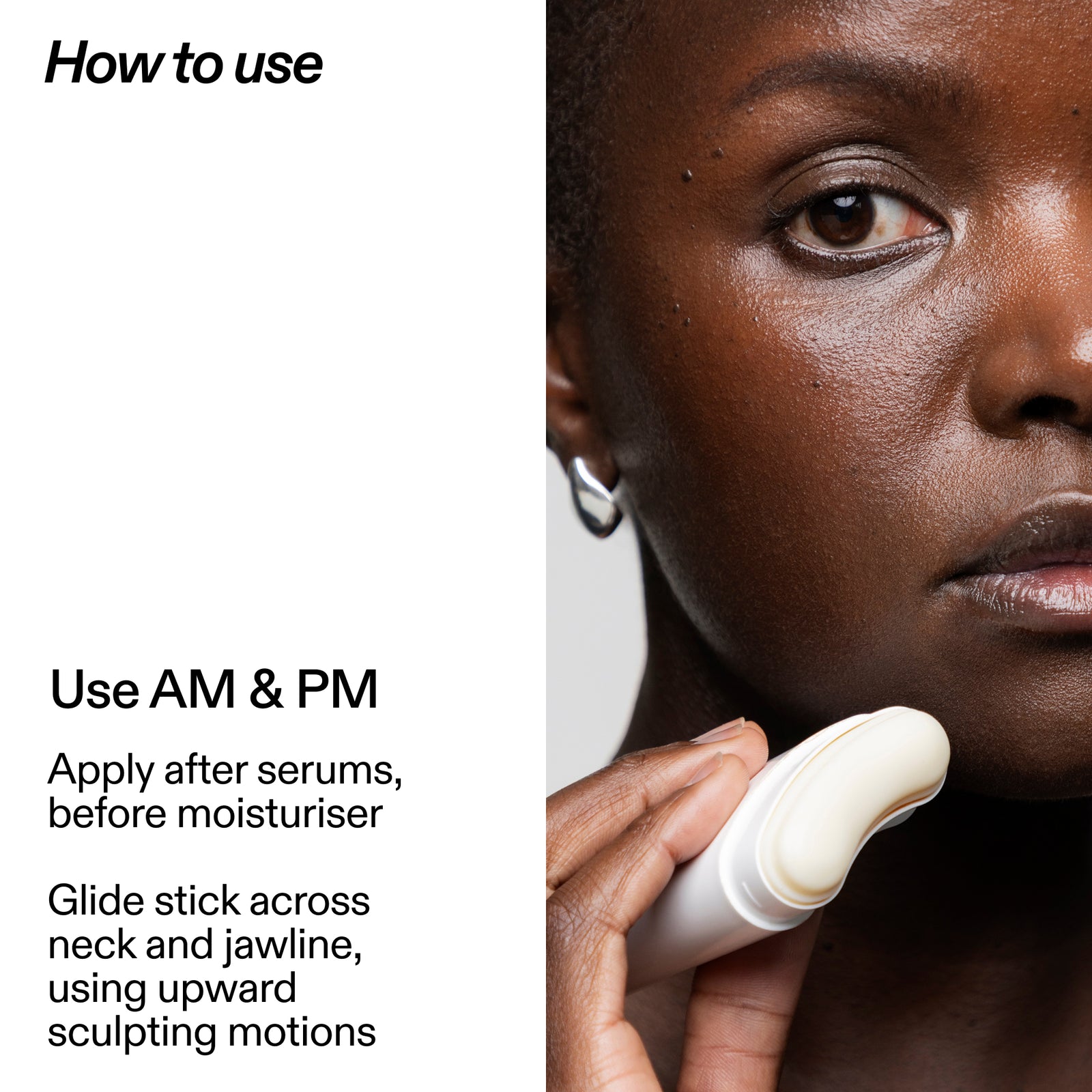 Close-up of a woman applying a cream-colored cosmetic stick to her jawline and neck, with text on the left explaining how to use it AM & PM.