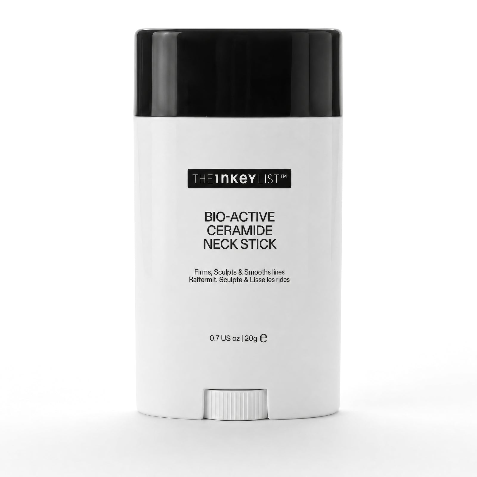 A white and black cosmetic stick container labeled 'THEINKEYLIST Bio-Active Ceramide Neck Stick' on a clean white background.