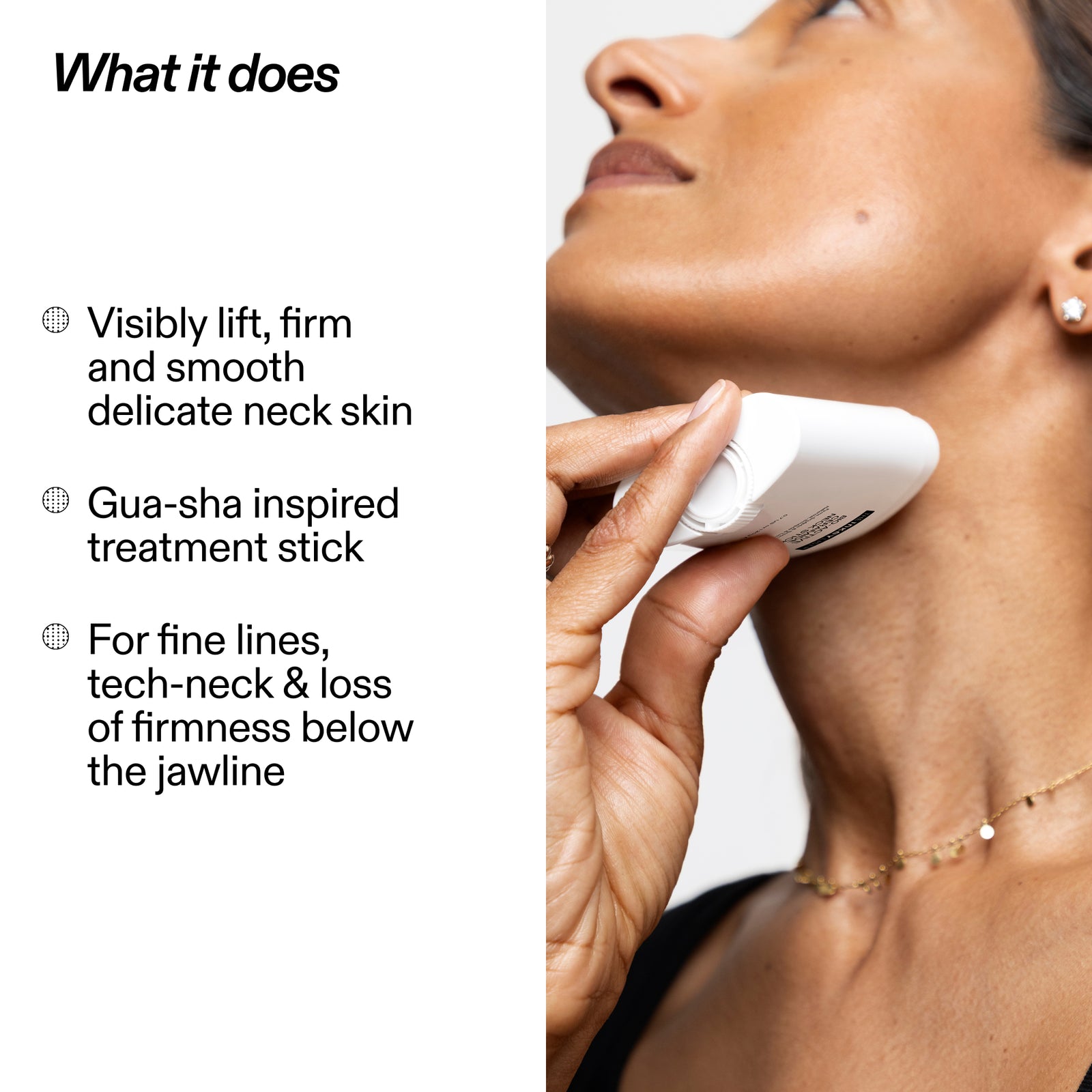 A close-up of a woman holding a white Gua sha neck treatment stick against her neck, with text on the left describing benefits such as lifting, firming, and smoothing delicate neck skin.