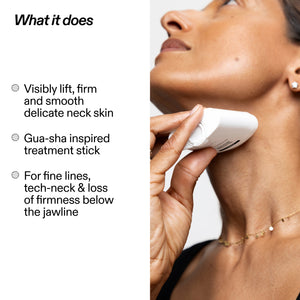 A close-up of a woman holding a white Gua sha neck treatment stick against her neck, with text on the left describing benefits such as lifting, firming, and smoothing delicate neck skin.