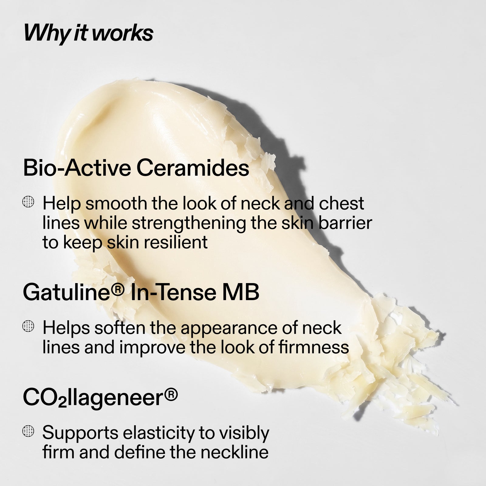 Cream-colored skincare balm smear on a light gray background with text explaining benefits: Bio-Active Ceramides, Gatuline® In-Tense MB, and CO2lageneer®.