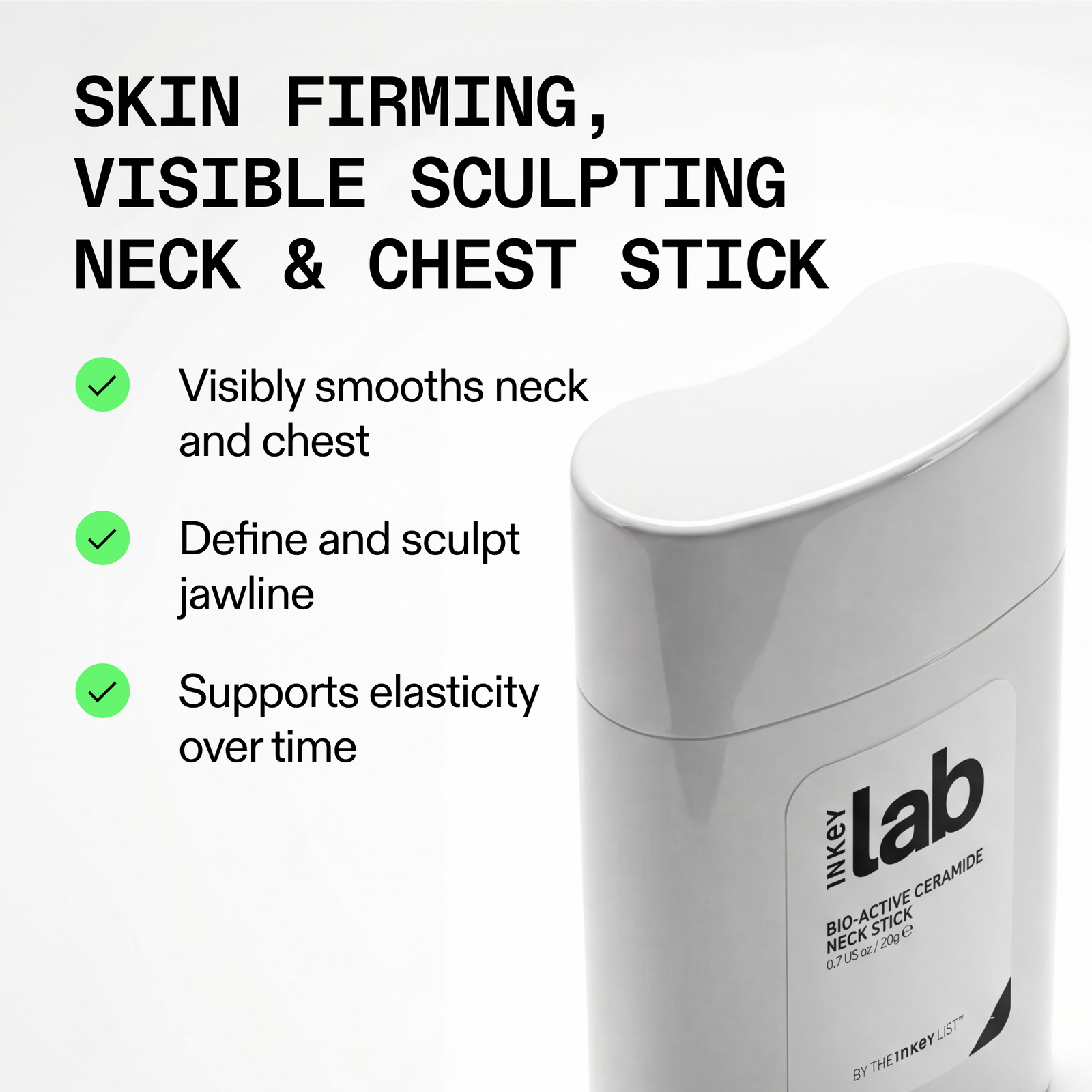 Inkey Lab neck and chest stick with text highlighting its benefits on a white background
