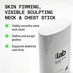 Inkey Lab neck and chest stick with text highlighting its benefits on a white background