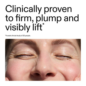 Close-up of a person's eyes with text claiming clinical proven effects on skin firmness, plumpness, and lifting.