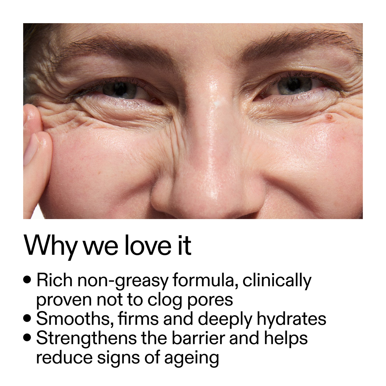 Close-up of a person's eye with text about skincare product benefits.