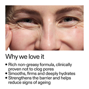 Close-up of a person's eye with text about skincare product benefits.
