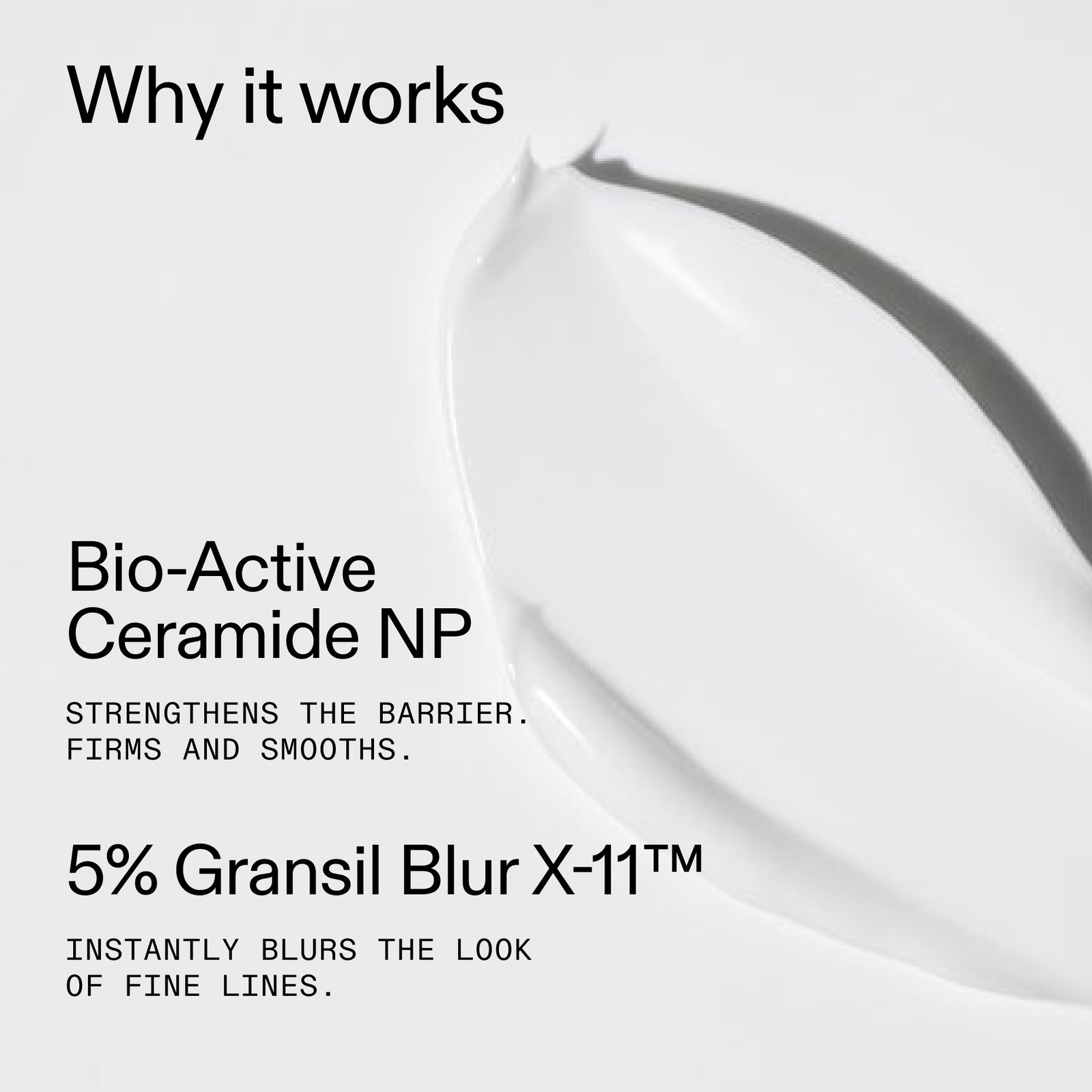Product advertisement with text about Bio-Active Ceramide NP and 5% Gransil Blur X-11 on a white background.