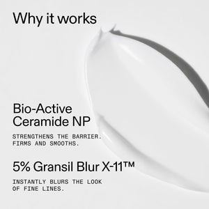 Product advertisement with text about Bio-Active Ceramide NP and 5% Gransil Blur X-11 on a white background.