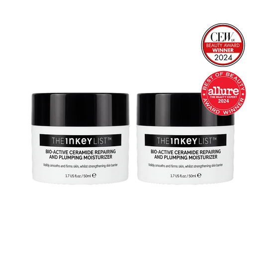 Two jars of The INKEY List Bio-Active Ceramide Moisturiser (1.7 fl oz/50ml) with CEW UK 2024 and Allure Best of Beauty 2024 award badges