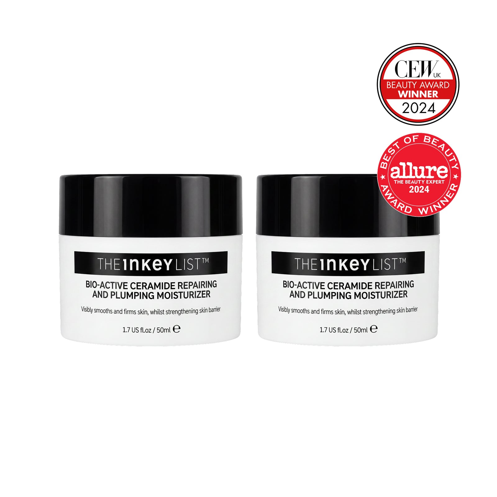 Two jars of The INKEY List Bio-Active Ceramide Moisturiser (1.7 fl oz/50ml) with CEW UK 2024 and Allure Best of Beauty 2024 award badges