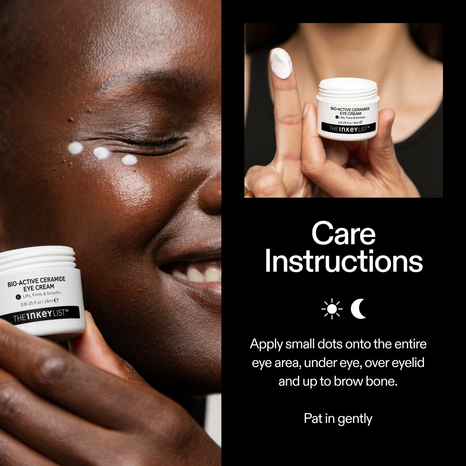 Model applying The INKEY List Bio-Active Ceramide Eye Cream with daily how-to routine steps