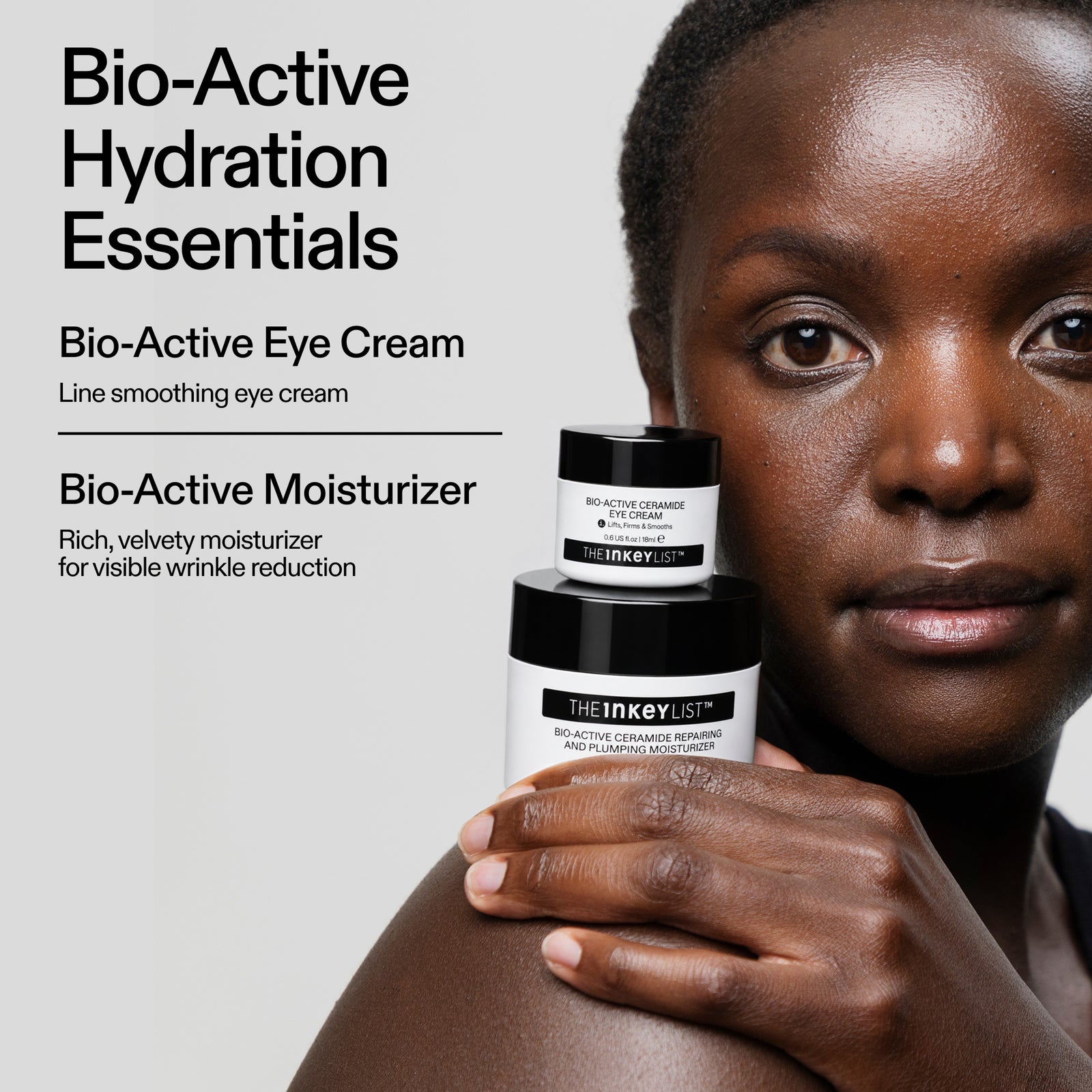 Model holding The INKEY List Bio-Active Hydration Essentials featuring the Bio-Active Ceramide Eye Cream