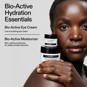 Model holding The INKEY List Bio-Active Hydration Essentials featuring the Bio-Active Ceramide Eye Cream