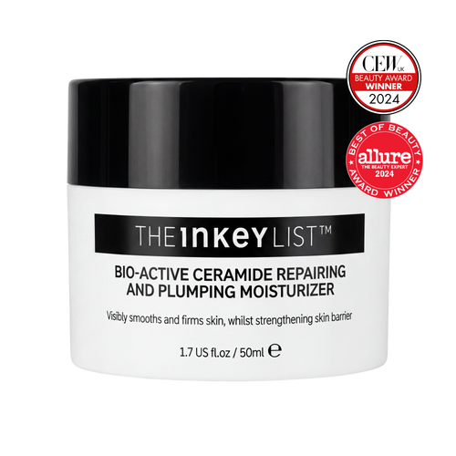 The INKEY List Bio-Active Ceramide Moisturiser jar packshot, 1.7 fl oz/50ml with award badges
